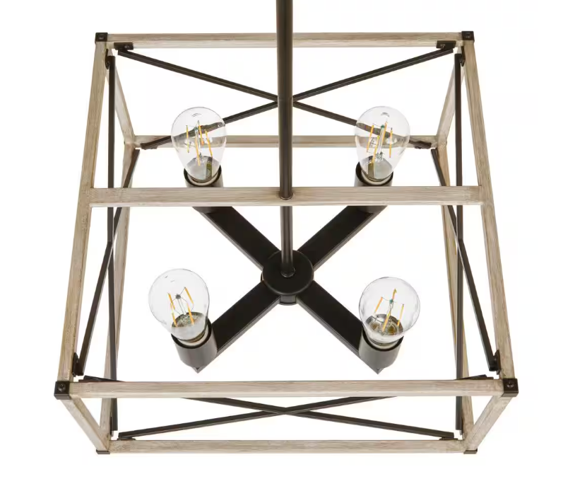 Hampton Bay Madison Landing 4-Light Caged Matte Black Rectangular Pendant Hanging Light with Washed White Farmhouse Wood Accents