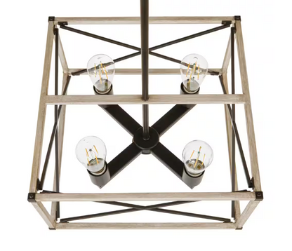 Hampton Bay Madison Landing 4-Light Caged Matte Black Rectangular Pendant Hanging Light with Washed White Farmhouse Wood Accents