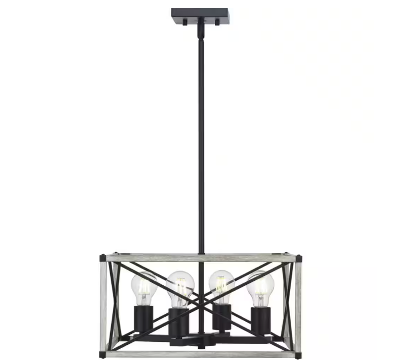 Hampton Bay Madison Landing 4-Light Caged Matte Black Rectangular Pendant Hanging Light with Washed White Farmhouse Wood Accents