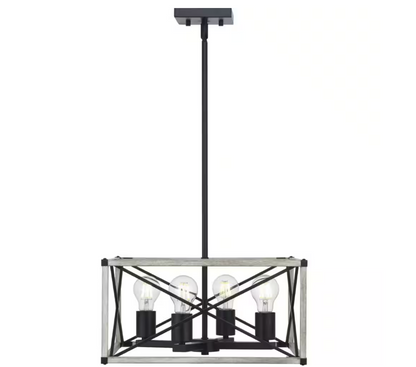 Hampton Bay Madison Landing 4-Light Caged Matte Black Rectangular Pendant Hanging Light with Washed White Farmhouse Wood Accents