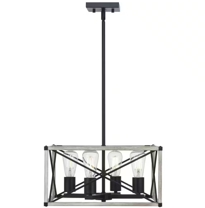 Hampton Bay Madison Landing 4-Light Caged Matte Black Rectangular Pendant Hanging Light with Washed White Farmhouse Wood Accents