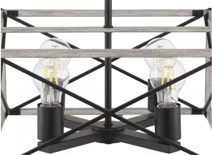 Hampton Bay Madison Landing 4-Light Caged Matte Black Rectangular Pendant Hanging Light with Washed White Farmhouse Wood Accents