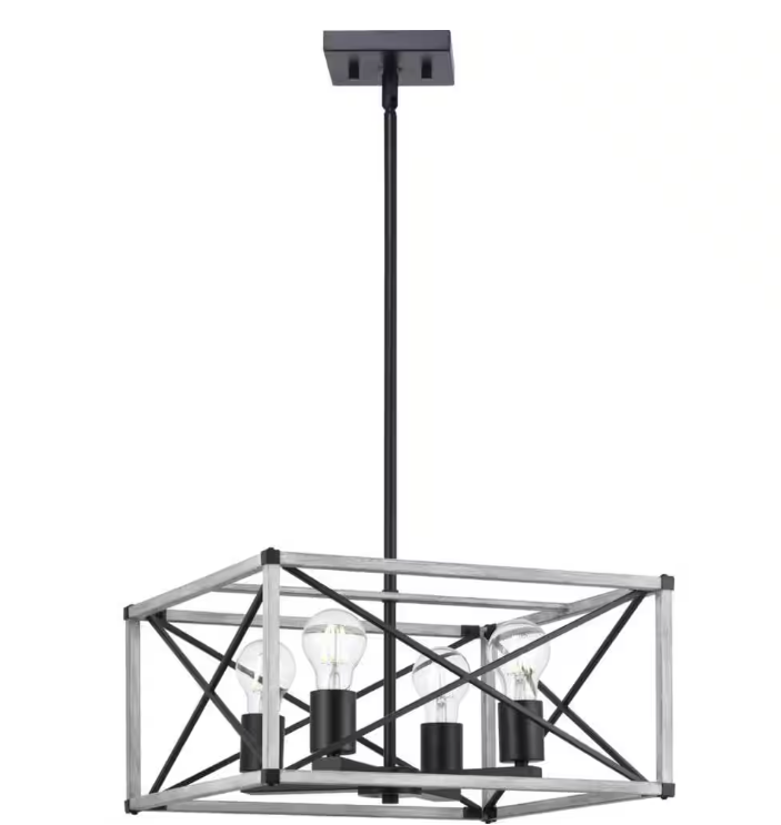 Hampton Bay Madison Landing 4-Light Caged Matte Black Rectangular Pendant Hanging Light with Washed White Farmhouse Wood Accents