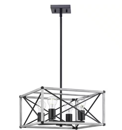 Hampton Bay Madison Landing 4-Light Caged Matte Black Rectangular Pendant Hanging Light with Washed White Farmhouse Wood Accents