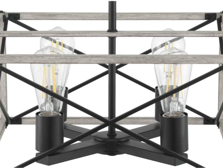 Hampton Bay Madison Landing 4-Light Caged Matte Black Rectangular Pendant Hanging Light with Washed White Farmhouse Wood Accents