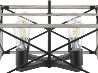 Hampton Bay Madison Landing 4-Light Caged Matte Black Rectangular Pendant Hanging Light with Washed White Farmhouse Wood Accents