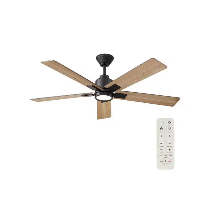 Hampton Bay Zandra II 52 in. Indoor/Outdoor Matte Black Ceiling Fan with Light Kit and Remote Included Powered by Hubspace