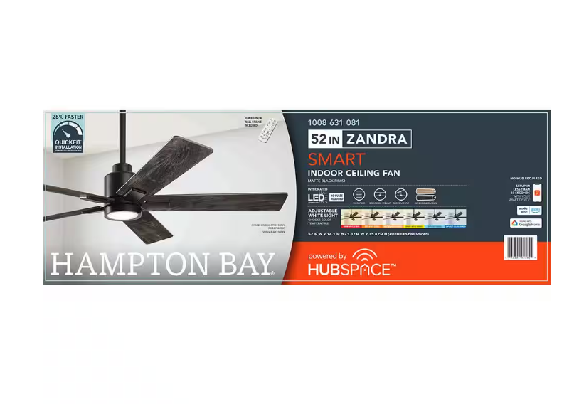 Hampton Bay Zandra II 52 in. Indoor/Outdoor Matte Black Ceiling Fan with Light Kit and Remote Included Powered by Hubspace
