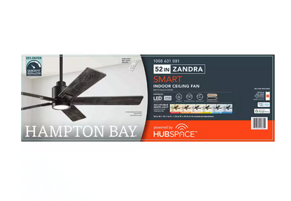 Hampton Bay Zandra II 52 in. Indoor/Outdoor Matte Black Ceiling Fan with Light Kit and Remote Included Powered by Hubspace