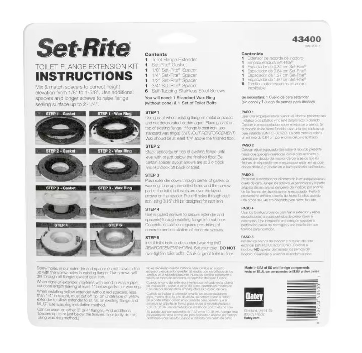 Oatey 1/4 in. - 1-5/8 in. Toilet Flange Extender Kit
