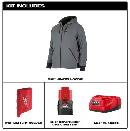 Milwaukee Men's Large M12 12-Volt Lithium-Ion Cordless Gray Heated Jacket Hoodie Kit with (1) 2.0 Ah Battery and Charger