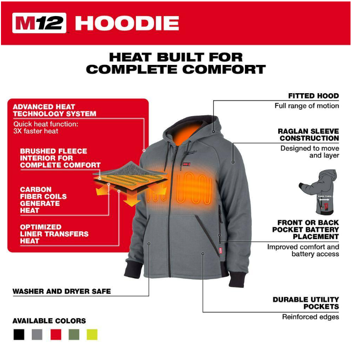 Milwaukee Men's Large M12 12-Volt Lithium-Ion Cordless Gray Heated Jacket Hoodie Kit with (1) 2.0 Ah Battery and Charger
