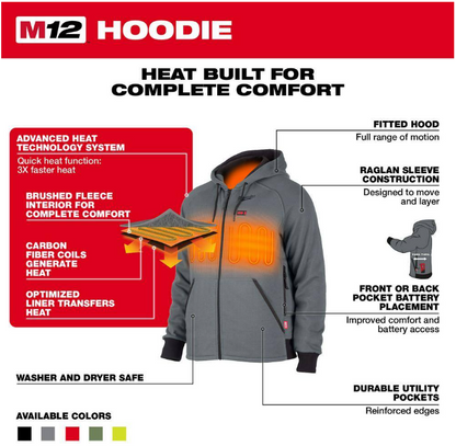 Milwaukee Men's Large M12 12-Volt Lithium-Ion Cordless Gray Heated Jacket Hoodie Kit with (1) 2.0 Ah Battery and Charger