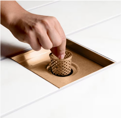Oatey Designline 4 in. x 4 in. Stainless Steel Square Shower Drain with Square Pattern Drain Cover in Champagne Bronze