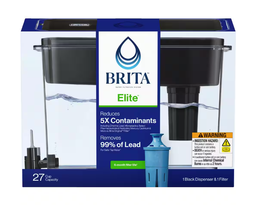 Brita UltraMax 27-Cup Extra Large Filtered Water Dispenser in Black with 1 Elite Filter, BPA Free
