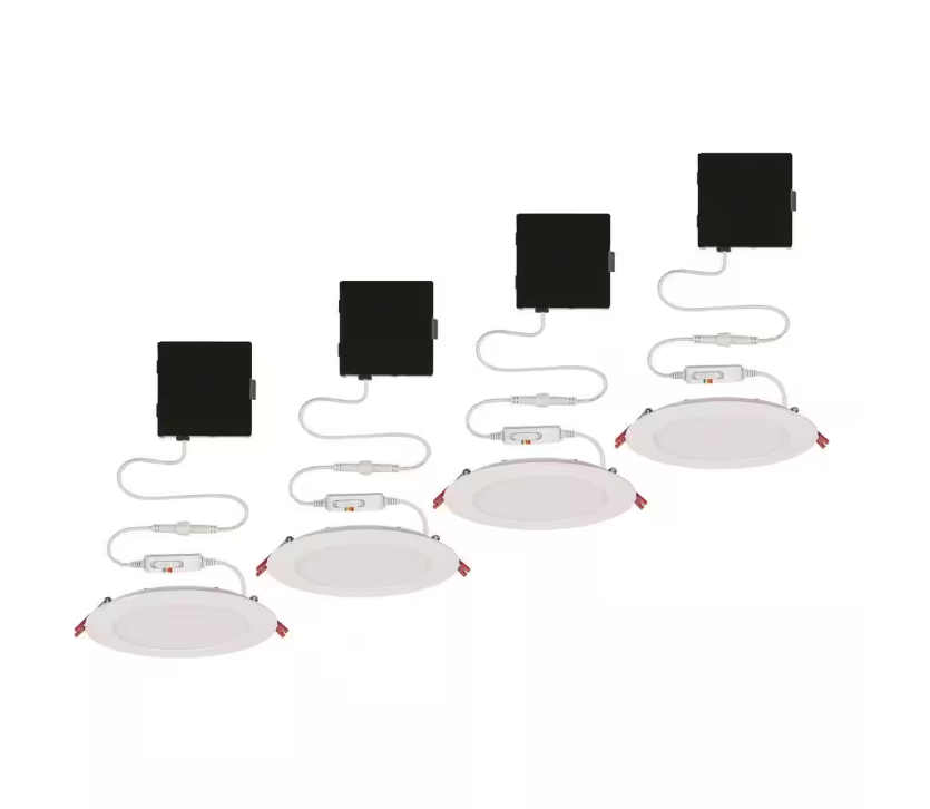Commercial Electric Ultra Slim Integrated LED 6 in Round Adj Color Temp Canless Recessed Light for Kitchen Bath Living rooms, White 4-Pack