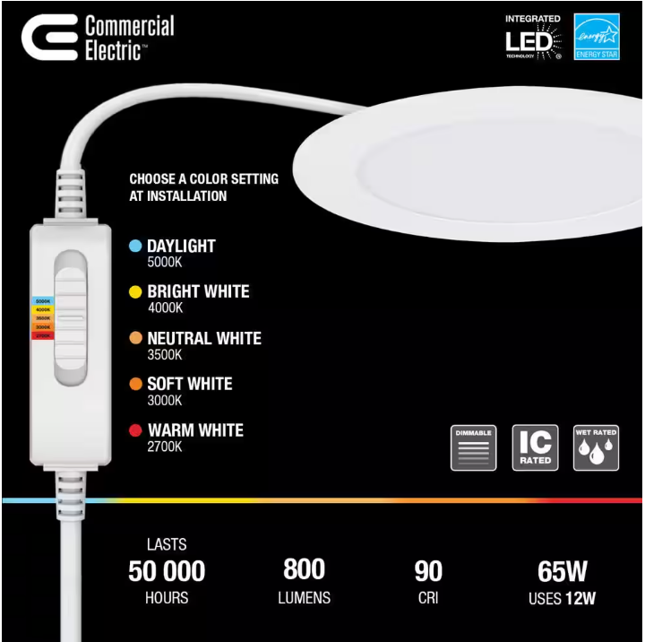 Commercial Electric Ultra Slim Integrated LED 6 in Round Adj Color Temp Canless Recessed Light for Kitchen Bath Living rooms, White 4-Pack