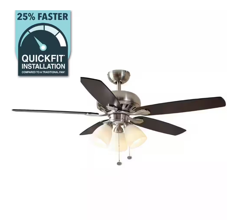 Hampton Bay Rockport 52 in. Indoor LED Brushed Nickel Ceiling Fan with Light Kit, Downrod, Reversible Blades and Reversible Motor