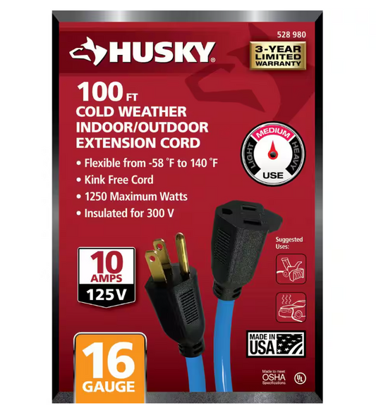 Husky 100 ft. 16/3 Medium Duty Cold Weather Indoor/Outdoor Extension Cord, Blue