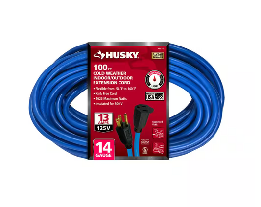 Husky 100 ft. 14/3 Medium Duty Cold Weather Indoor/Outdoor Extension Cord, Blue