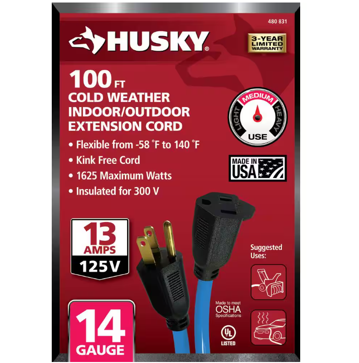 Husky 100 ft. 14/3 Medium Duty Cold Weather Indoor/Outdoor Extension Cord, Blue