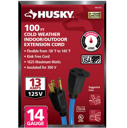 Husky 100 ft. 14/3 Medium Duty Cold Weather Indoor/Outdoor Extension Cord, Blue