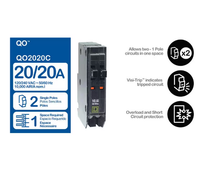 Square D QO 2-20 Amp Single-Pole Tandem Circuit Breaker