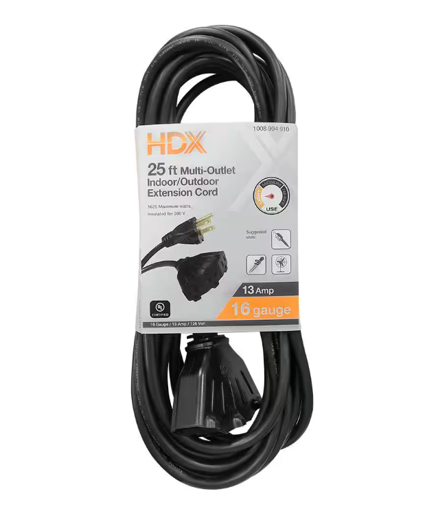 HDX 25 ft. 16/3 Light Duty Indoor/Outdoor Extension Cord with Multiple Outlet Triple Tap End, Black