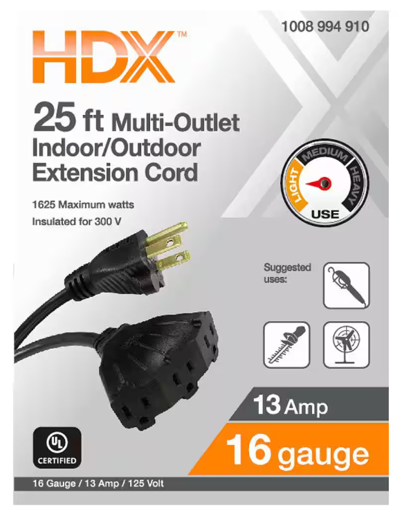 HDX 25 ft. 16/3 Light Duty Indoor/Outdoor Extension Cord with Multiple Outlet Triple Tap End, Black