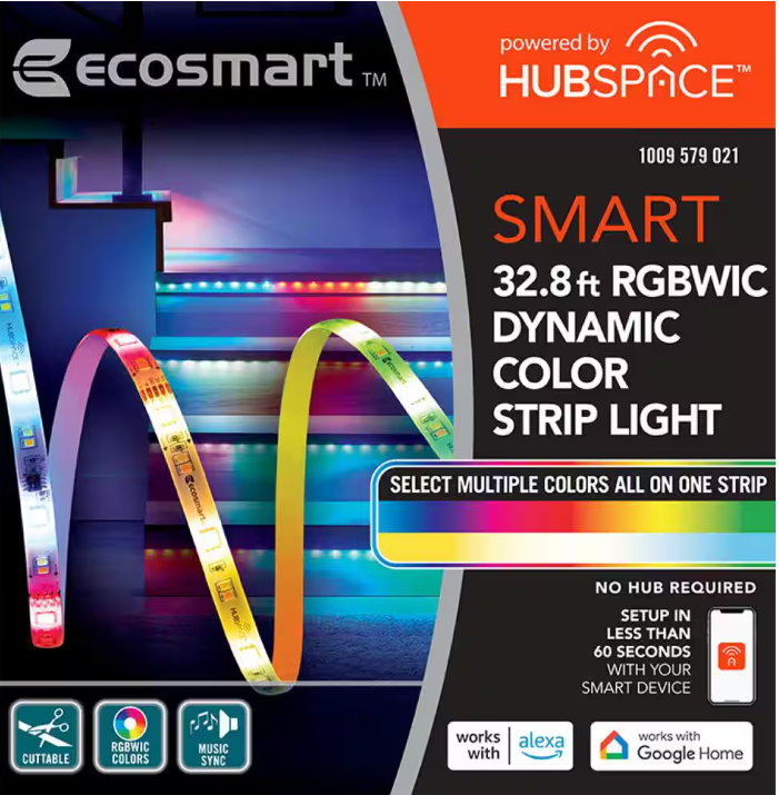 EcoSmart 32.8 ft. Smart RGBWIC Dynamic Color Changing Dimmable Plug-In LED Strip Light Powered by Hubspace