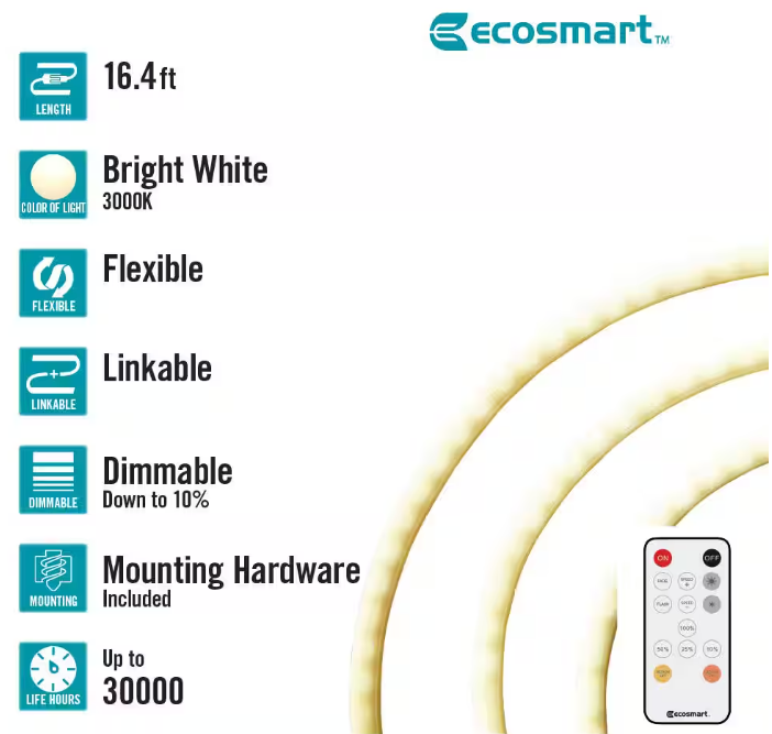 EcoSmart 16.4 ft. Plug-In Bright White LED 360° Outdoor Dimmable Linkable Rope Light with Remote Control
