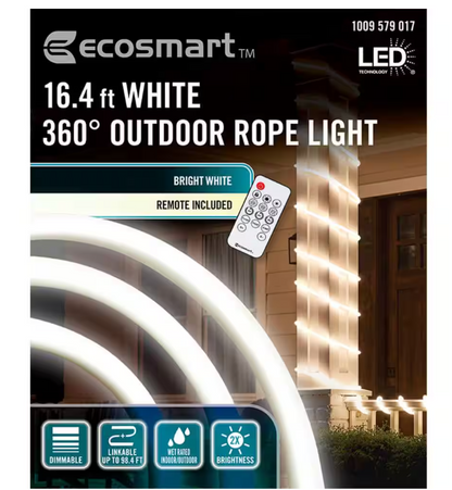 EcoSmart 16.4 ft. Plug-In Bright White LED 360° Outdoor Dimmable Linkable Rope Light with Remote Control