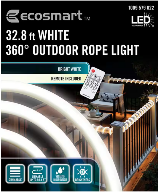 EcoSmart 32.8 ft. Plug-In Bright White LED 360° Outdoor Dimmable Linkable Rope Light with Remote Control
