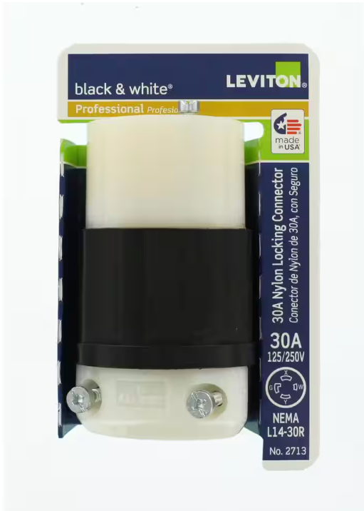 Leviton 30 Amp 125/250-Volt Locking Connector, Black and White 2713-CS