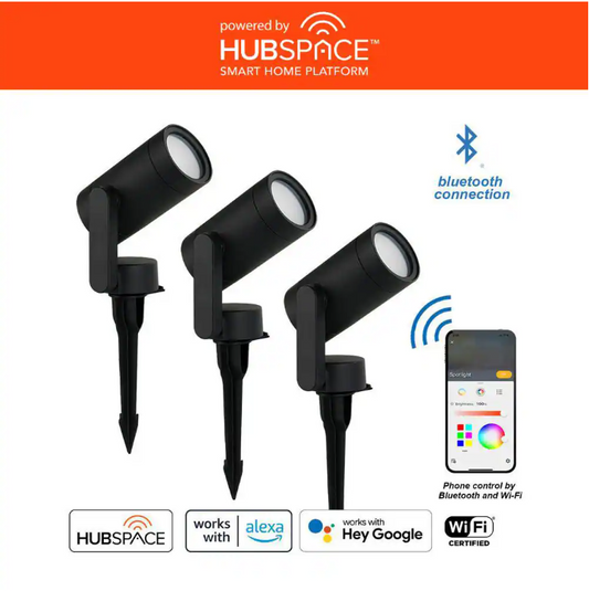 Hampton Bay Smart 450 Lumens Black LED Color Changing Low Voltage Outdoor Spotlight Powered by Hubspace (3-Pack)