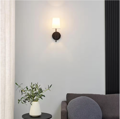 Hampton Bay Byrson 6 in. 1-Light Matte Black Wall Sconce Light with Plug-In/Hardwire White Fabric Shade for Indoor Use