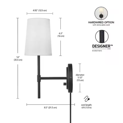 Hampton Bay Byrson 6 in. 1-Light Matte Black Wall Sconce Light with Plug-In/Hardwire White Fabric Shade for Indoor Use
