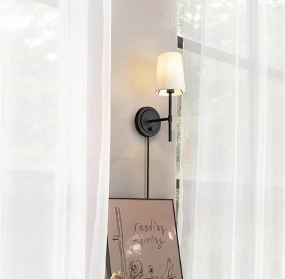 Hampton Bay Byrson 6 in. 1-Light Matte Black Wall Sconce Light with Plug-In/Hardwire White Fabric Shade for Indoor Use