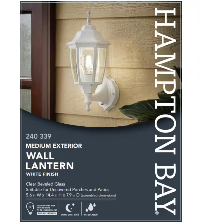 Hampton Bay 14 in. 1-Light White Hardwired Dusk-to-Dawn Outdoor Wall Light Lantern Sconce with No Bulb Included