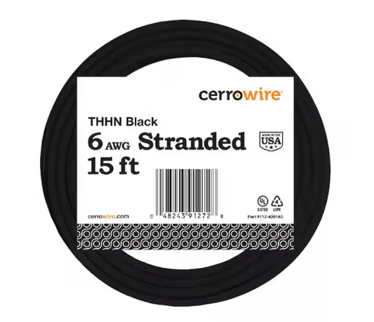 Cerrowire 15 ft. 6 Gauge Black Stranded Copper THHN Wire