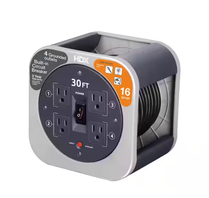 HDX 30 ft. 16/3 Extension Cord Reel with 4 Grounded Outlets and Surge Protector in Gray