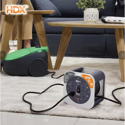 HDX 30 ft. 16/3 Extension Cord Reel with 4 Grounded Outlets and Surge Protector in Gray