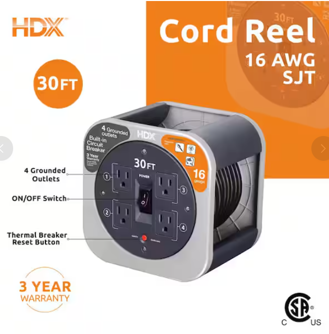 HDX 30 ft. 16/3 Extension Cord Reel with 4 Grounded Outlets and Surge Protector in Gray