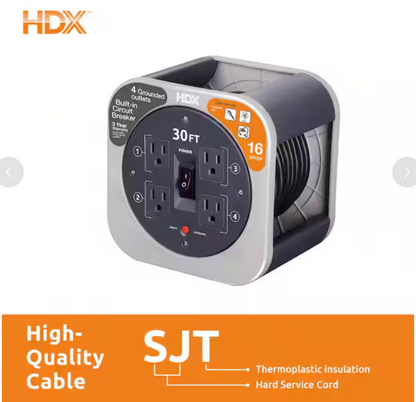 HDX 30 ft. 16/3 Extension Cord Reel with 4 Grounded Outlets and Surge Protector in Gray