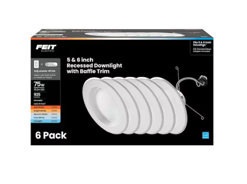 Feit Electric 5 or 6 in. 925 Lumens Selectable 5CCT Dimmable Integrated LED Retrofit Recessed Light Baffle Trim, White 6-Pack