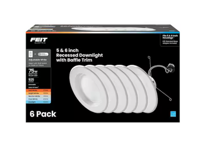 Feit Electric 5 or 6 in. 925 Lumens Selectable 5CCT Dimmable Integrated LED Retrofit Recessed Light Baffle Trim, White 6-Pack