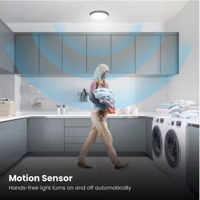 Commercial Electric 11 in. Matte Black Motion Sensor Integrated LED Dimmable Selectable CCT Flush Mount Indoor Ceiling Light