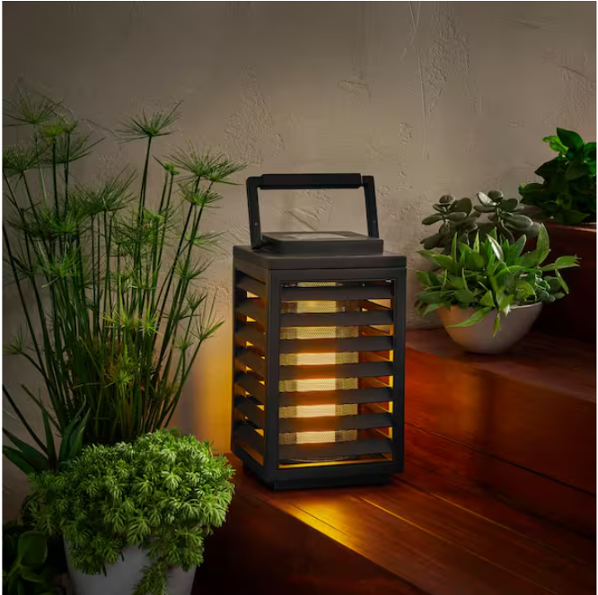 Hampton Bay Ambrose Black Flicker Flame Outdoor Solar Lantern with Integrated LED