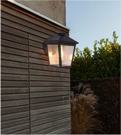 Hampton Bay Malena 1-Light Black Hardwired Outdoor Wall Lantern Sconce Light with Clear Seeded Glass