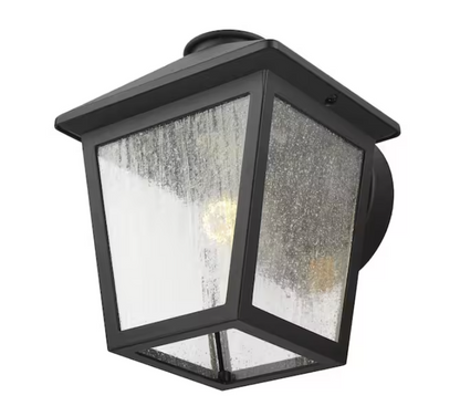 Hampton Bay Malena 1-Light Black Hardwired Outdoor Wall Lantern Sconce Light with Clear Seeded Glass